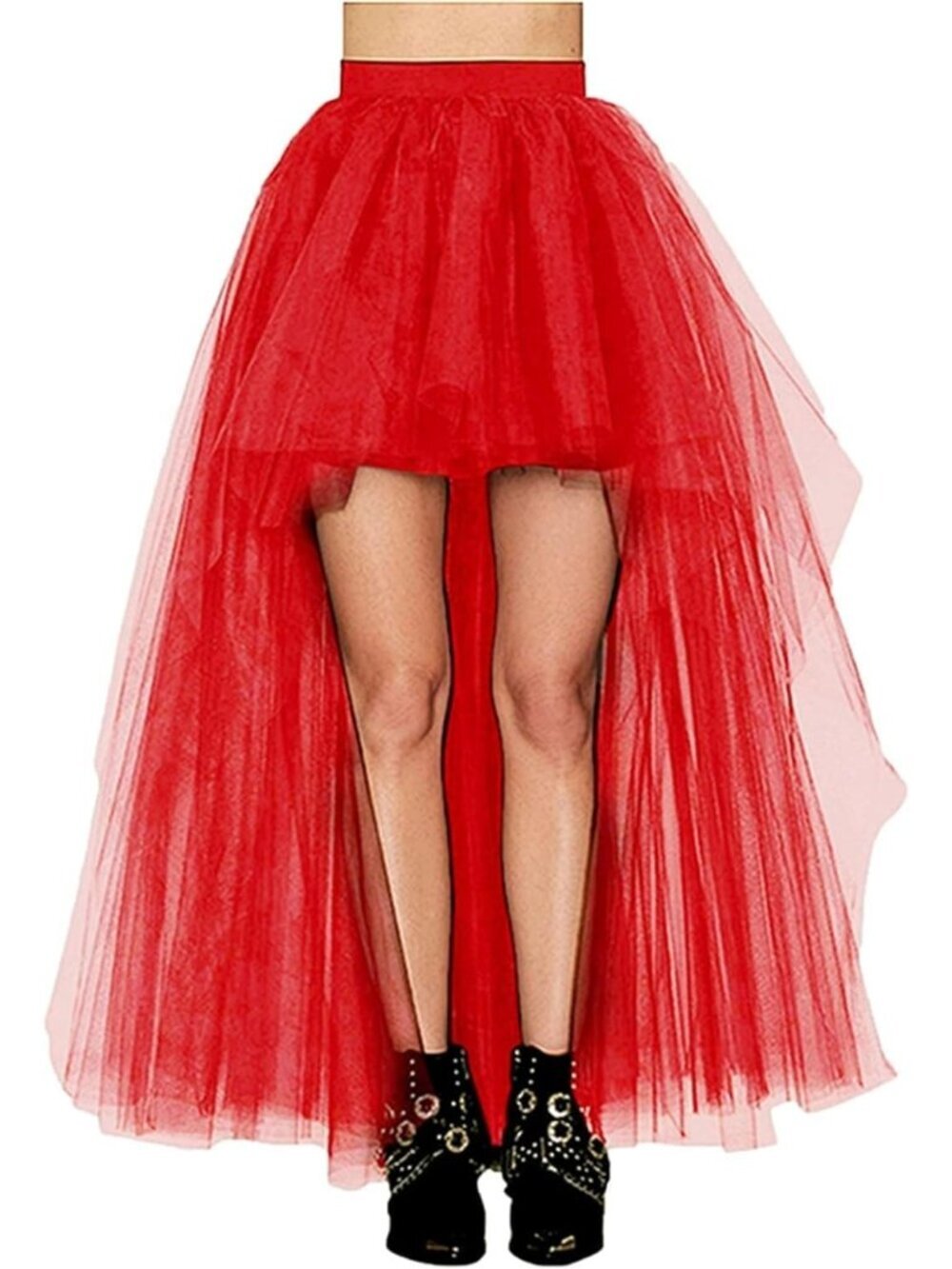 Women's Red Hi-Lo Long Tutu Tulle Bustle Elastic Imported Waist Skirt